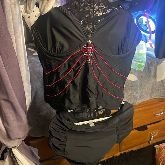 Womens plus size 2xl/3xl tankini swimsuit /bathing suit 3 piece black nwt/nwot - Picture 1 of 8